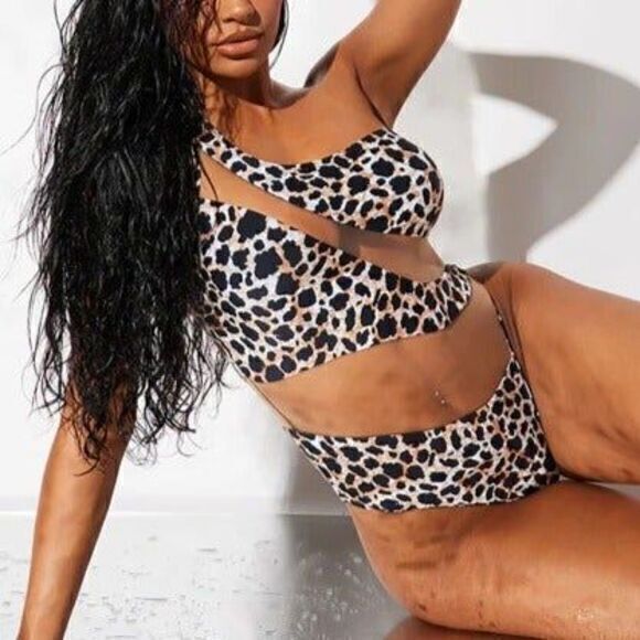 Fashion Nova Other - Leopard  Cutout Mesh Cutout Asymmetrical One Piece Swimsuit Bikini Size S RefN05